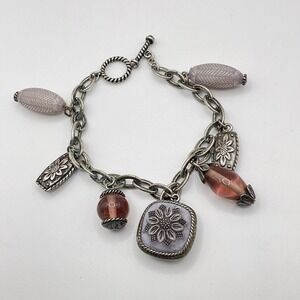 Vintage Napier Silver Tone  Lavender Pink Glass Floral Charm Bracelet 7"